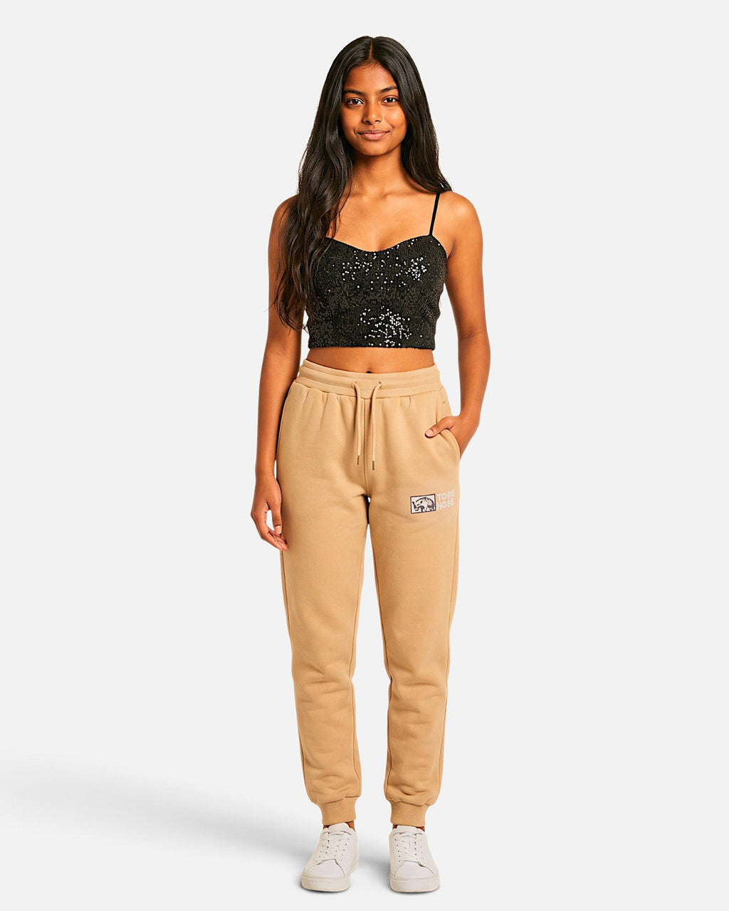 Tobe Hose Studio Damen Jogginghose in Beige mit Hyänen-Logo Stickerei und Seitentaschen