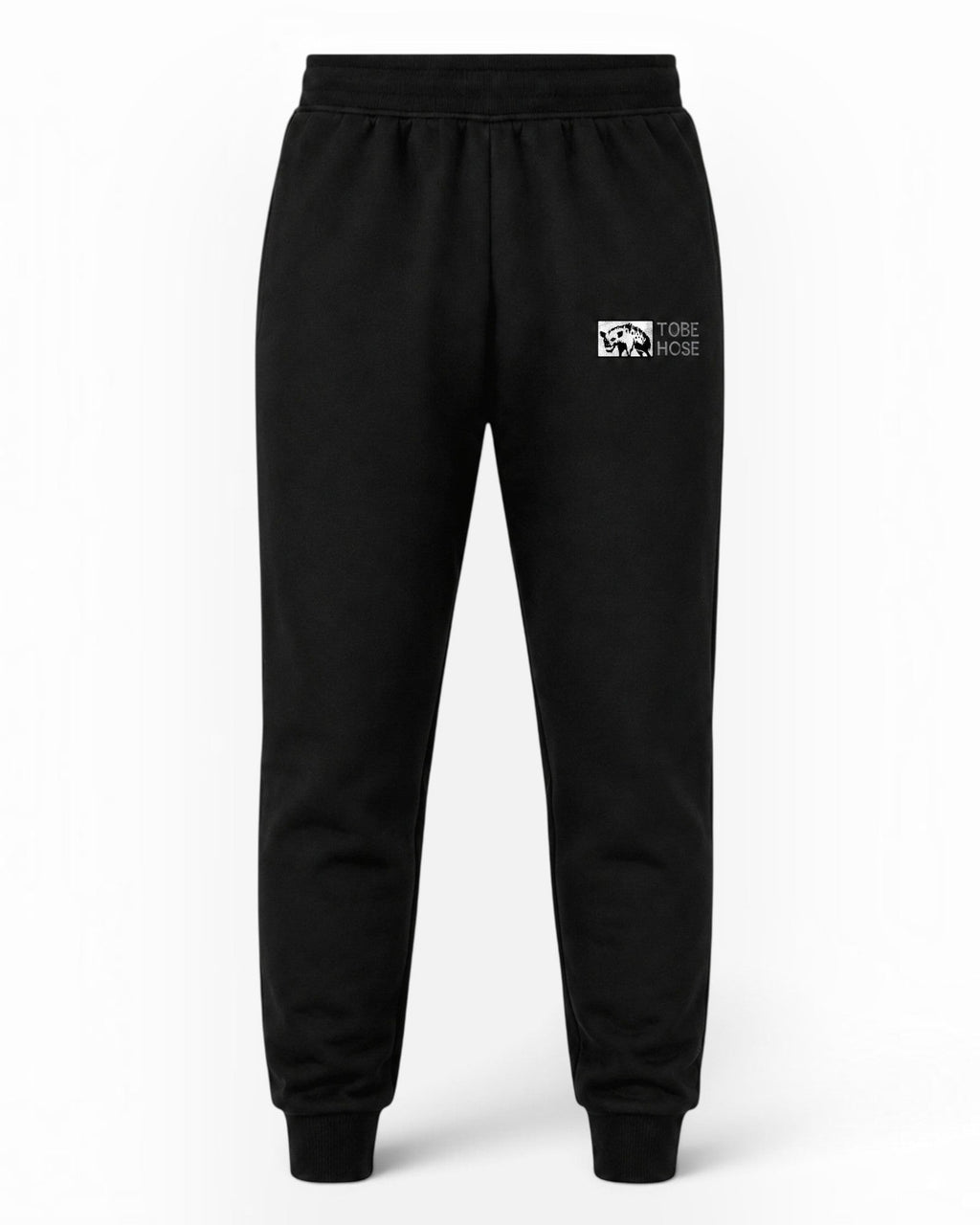 Tobe Hose Studio Herren-Jogginghose in Schwarz mit weichem Innenfutter, Reißverschlusstaschen und Hyänen-Logo-Stick