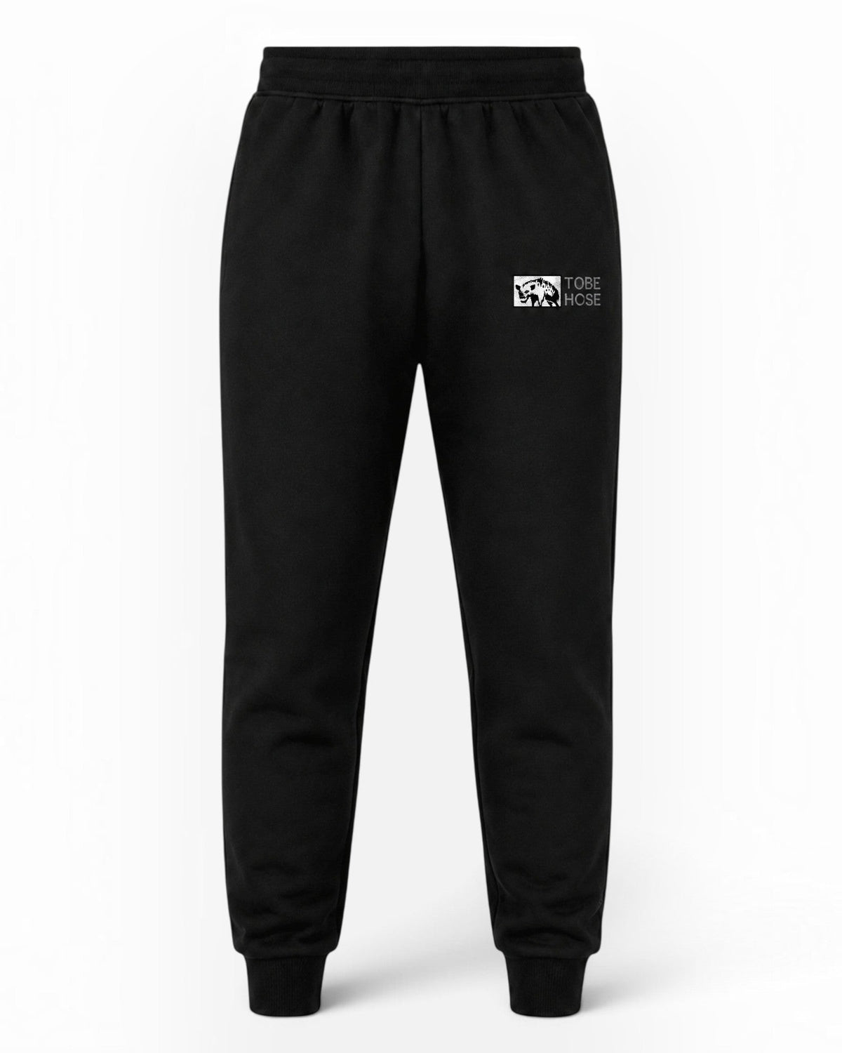 Tobe Hose Studio Herren-Jogginghose in Schwarz mit weichem Innenfutter, Reißverschlusstaschen und Hyänen-Logo-Stick