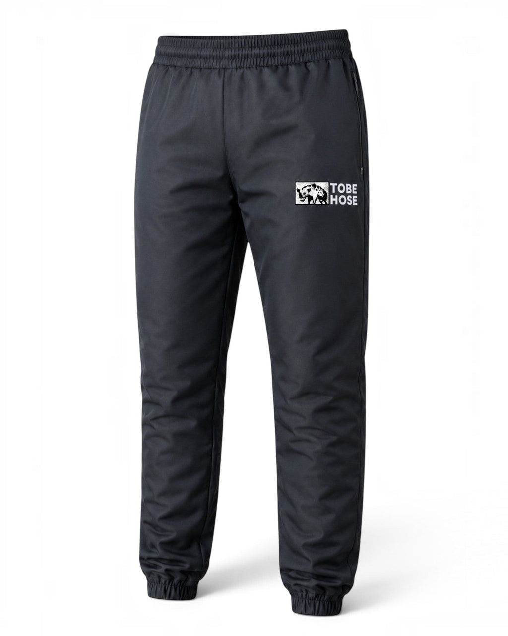 Schwarze Tobe Hose Studio Luft Trainingshose aus robustem Nylon mit gesticktem Hyänen-Logo und Reißverschlusstaschen