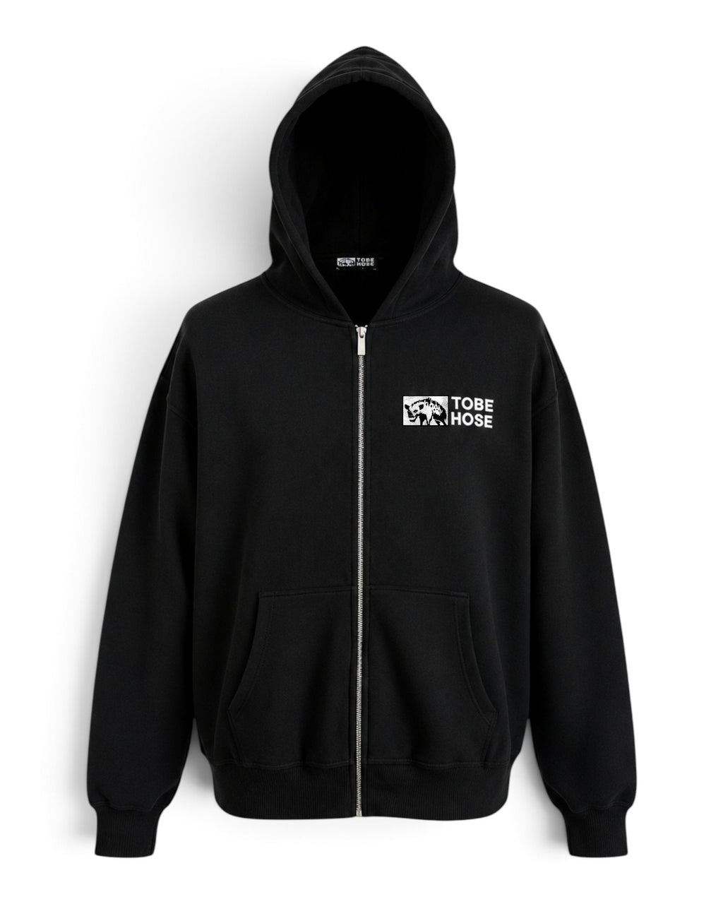 Tobe Hose Studio Zip-Hoodie Fels in Schwarz mit Hyänen-Logo auf der Brust und durchgehendem Reißverschluss